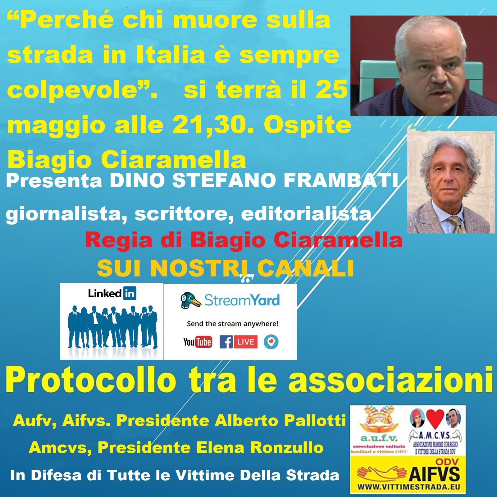 “Perché chi muore sulla strada in Italia è sempre colpevole”. Questo il titolo della nuova diretta su Facebook, Youtube e Linkedin che si terrà il 25 maggio alle 21,30. Ciaramella e Ronzullo: «Nostro figlio morto 15 anni fa, quasi nulla è cambiato». Pallo